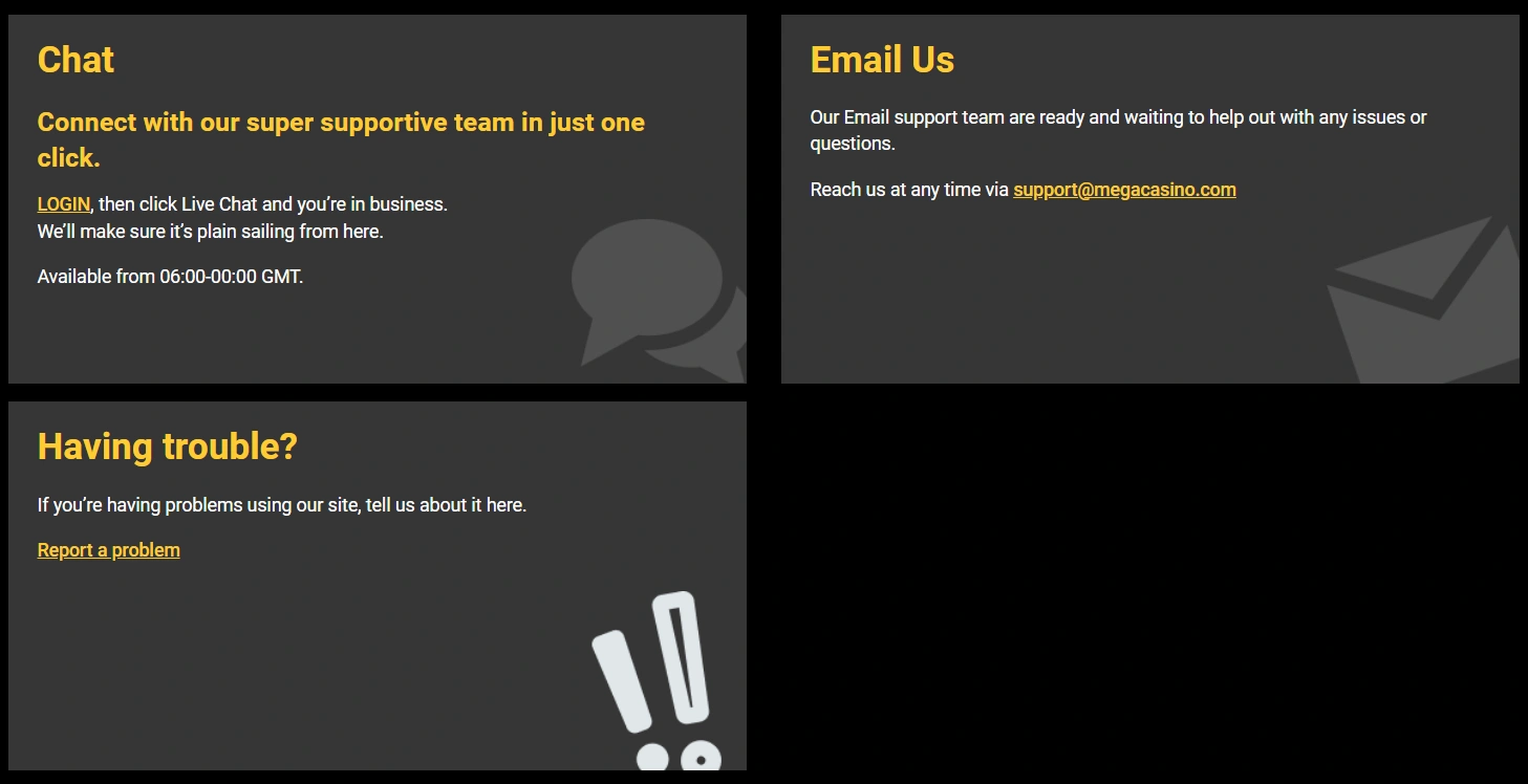 Customer support at Mega Casino